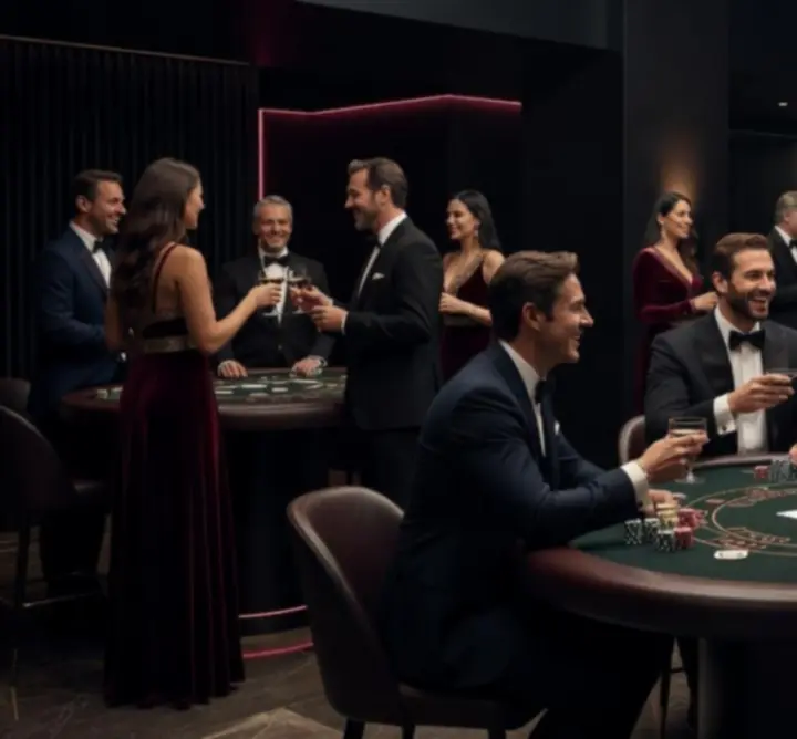 Cinematiczne ujęcie mobilnego eventu kasynowego z uśmiechniętymi gośćmi i eleganckimi stołami