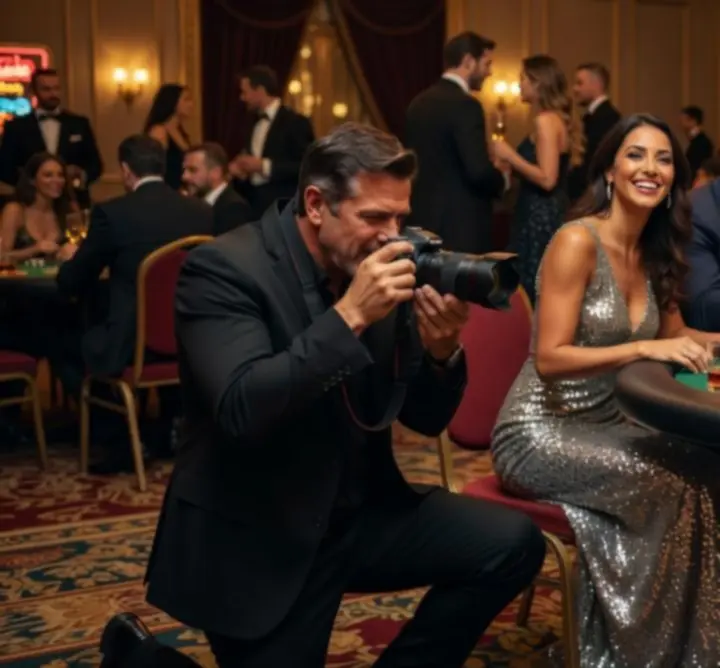 Fotografujący kasynowy wieczór tematyczny z gośćmi przy stołach
