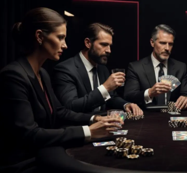 Cinematiczny stół pokerowy w ciemnej, eleganckiej scenografii NAXSOL ENTERPRISES LTD